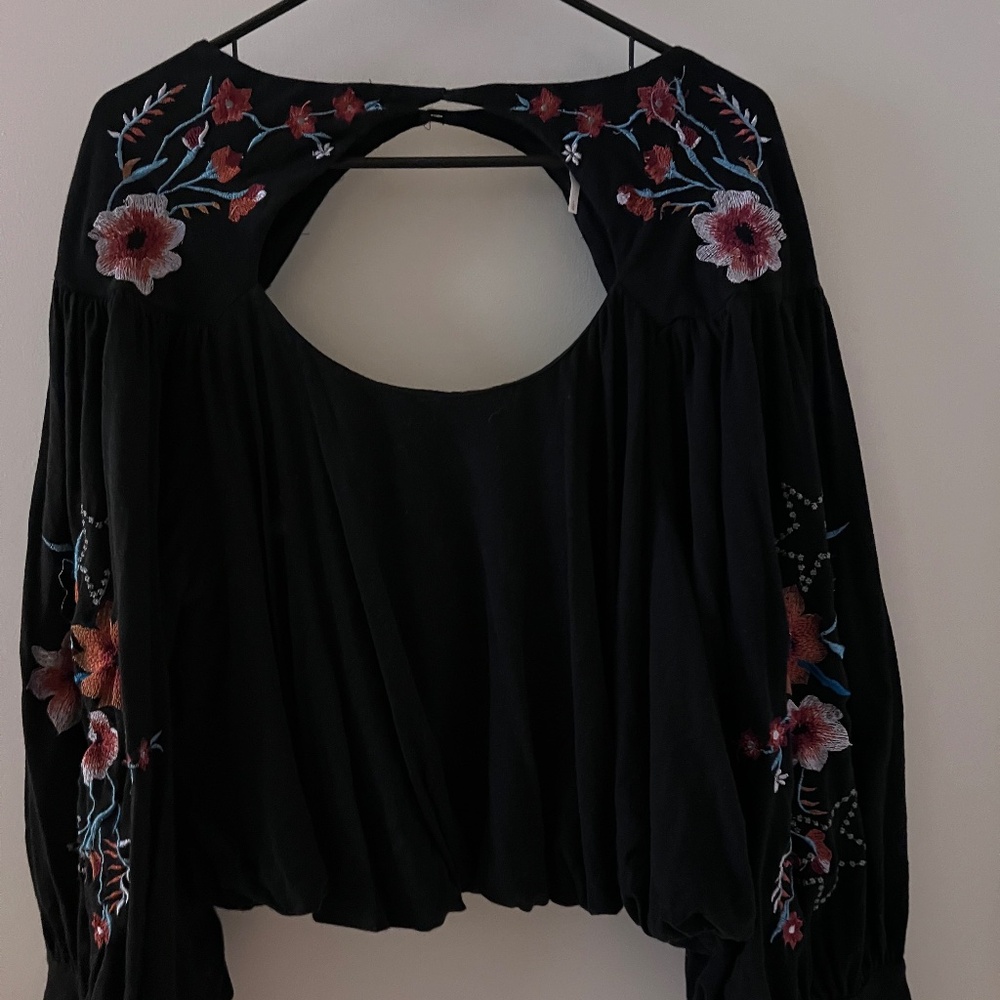 🌸 Free People Floral Stitched Bubble Sleeve Top (Size L) 🌸